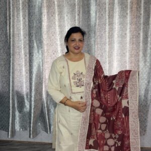 Cream Suit Set with Maroon Embroidery & Printed Dupatta