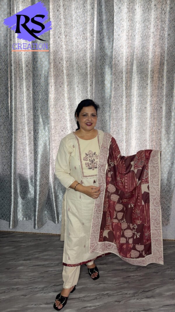 Cream Suit Set with Maroon Embroidery & Printed Dupatta