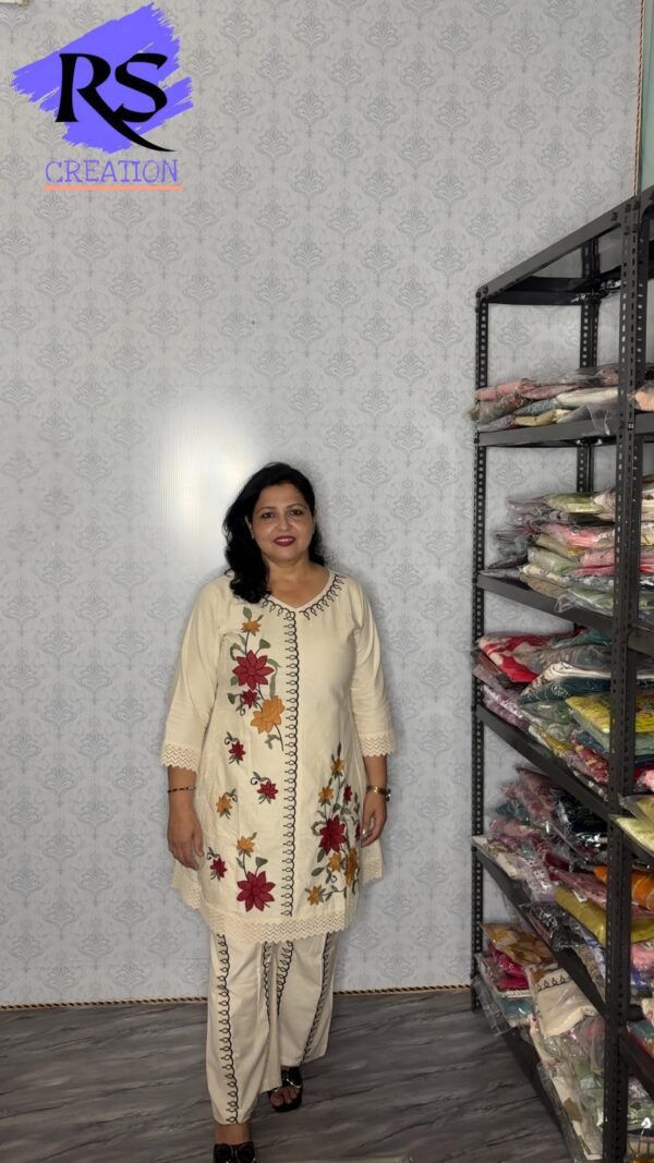 Cream Floral Thread-Embroidered Suit Set
