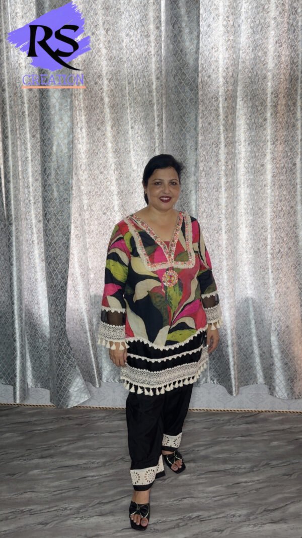 Multicolor Floral Tunic Set with Beadwork Detailing