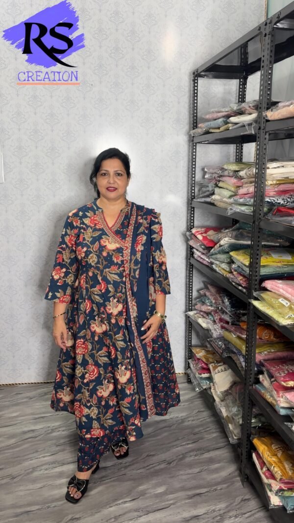 Navy Blue Floral Suit Set with Printed Dupatta