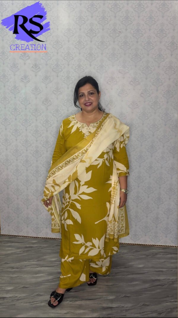 Mustard & White Printed Cotton Suit Set