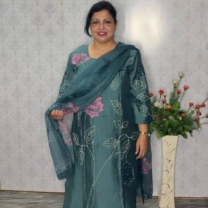 Teal Blossom Cotton Silk Ensemble (3-Piece)