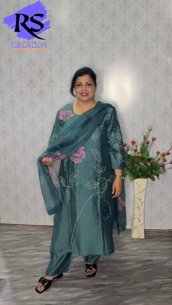Teal Blossom Cotton Silk Ensemble (3-Piece)