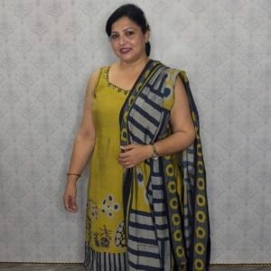 Yellow & Blue Printed Suit Set with Striped Dupatta & Extra Sleeves