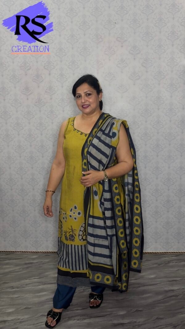 Yellow & Blue Printed Suit Set with Striped Dupatta & Extra Sleeves