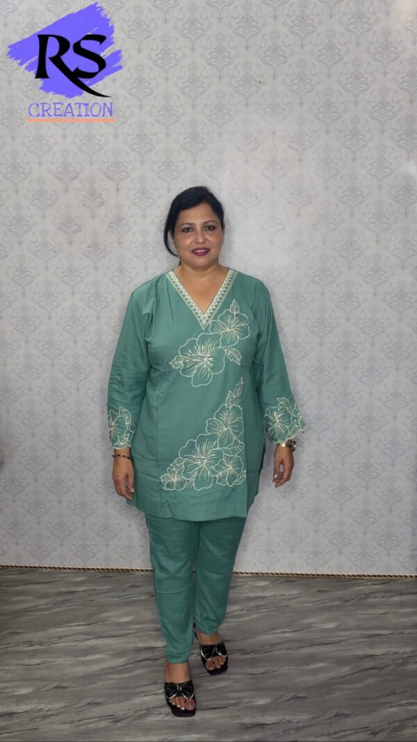 Olive Co-ord Set with Subtle Thread Embroidery