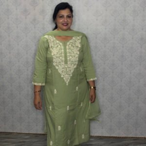 Pista Green Kurta Set with White Thread Embroidery