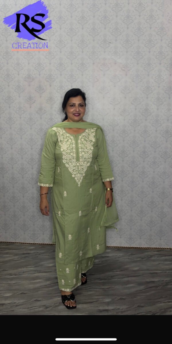 Pista Green Kurta Set with White Thread Embroidery