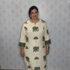 Cream Co-ord Set with Green Elephant Print