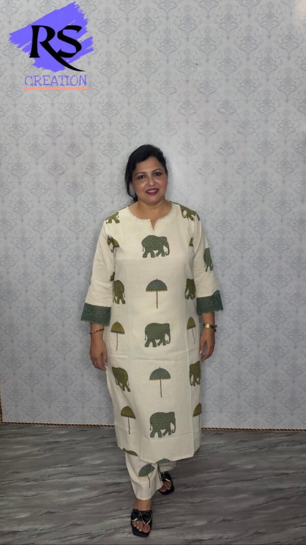 Cream Co-ord Set with Green Elephant Print
